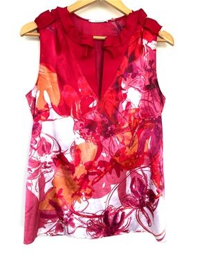 Tahari Pink Red Orange Floral Ruffle V-Neck Sleeveless Blouse, Satin Fabric